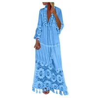 Дамски летни ежедневни разхлабени плътни плисирани рокли boho v-образно деколте ръкав maxi дантела ресни рокли светло синьо 4xl