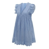 IOPQO Лятна рокля Женска дантела Жакард Изреза джобни лайнер шорти плюс размер рокля с къс ръкав мини рокля лъжичка шия небесно синьо