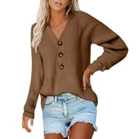 Пуловер Miayilima за жени V Врат с дълъг ръкав пуловер пуловер бутон със солидна плетама моден пуловер