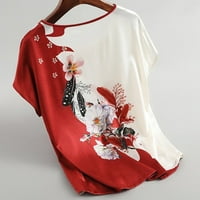 Дамска блуза ледена копринена кръгла шия разхлабена цветна щампа с къс ръкав отгоре плюс размер червен xl