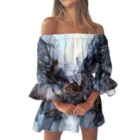 Просвета летни рокли за жени ръкав A-Line Mini Bohemian Off-the-рамо отпечатана празнична рокля Blue XXL