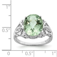Jewels Sterling Silver Rhodium Oval Cut-Cut Green Quartz & Diam. Пръстен