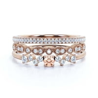 Zigzag Style 1. Карат кръг отряд морганит и диамант Moissanite уникален стил годежен пръстен, тънък пръстен, сватбен пръстен в 10K твърда розова злато, подарък за нея, обещаващ пръстен, трио комплект, съвпадаща