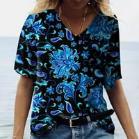 Дамски блузи модни жени небрежни топ печат v-образно разхлабена тениска с къси ръкави сини l