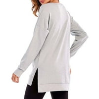 Твърд цветен кръгъл врат пуловер с дълъг ръкав отпред кратък гръб дълъг сплит рокля с средна дължина ризи за жени ежедневни сиви m