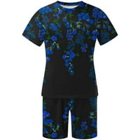 Мъже хавайски ризи печат къси ръкави небрежен плаж къси ръкав кръг-деколте блузи и ризи комплекти тропически ежедневна риза плажен празник комплект синьо
