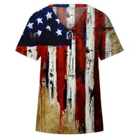 Оалиро американски флаг Флорални блузи за жени 4 юли Женски ризи и блузи Патриотична независимост Деня на динята на червената жена Случайна мода лято V-образно деколте с късо ръкав