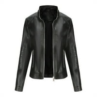 Wyongtao Женски кожени якета за мотоциклет Moto Zipper Hood яке с дълъг ръкав къси ежедневни палта с джобове, черен xxxl