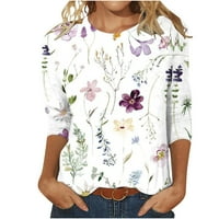 Дамски върхове просвета, женската модна отпечатана разхлабена тениска в средна дължина ръкави блуза кръгла шия ежедневни върхове