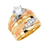 Солидна 14K жълто бяло и розово злато кубик циркония CZ сватбена лента и годеж Булчински пръстен Два сет размер 6.5