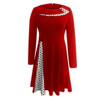 Женска модна ретро дълъг ръкав кръгла шия плътна цветна точкова рокля за люлеене на талията, червена, xl